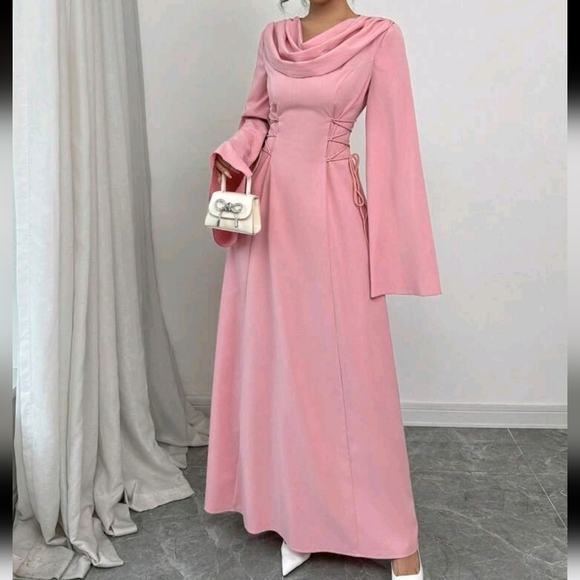 French Elegant Pleated Lantern Sleeve Tie Waist A-Line Dress, Pink Color - Picture 1 of 4